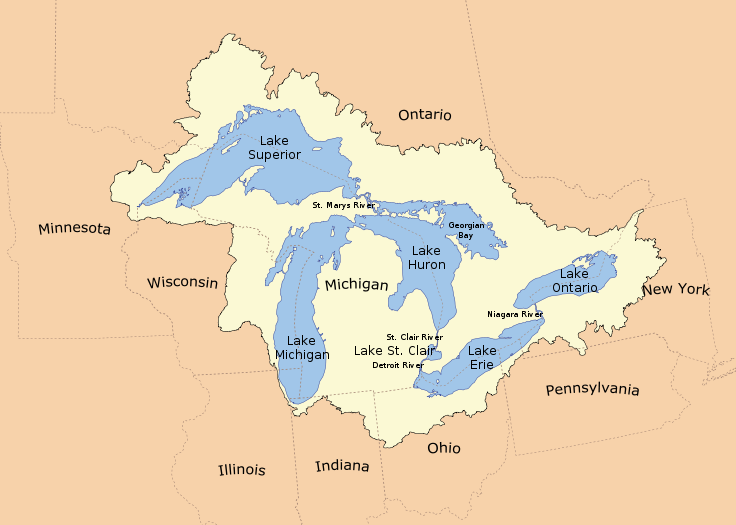 map of the great lakes with boundaries